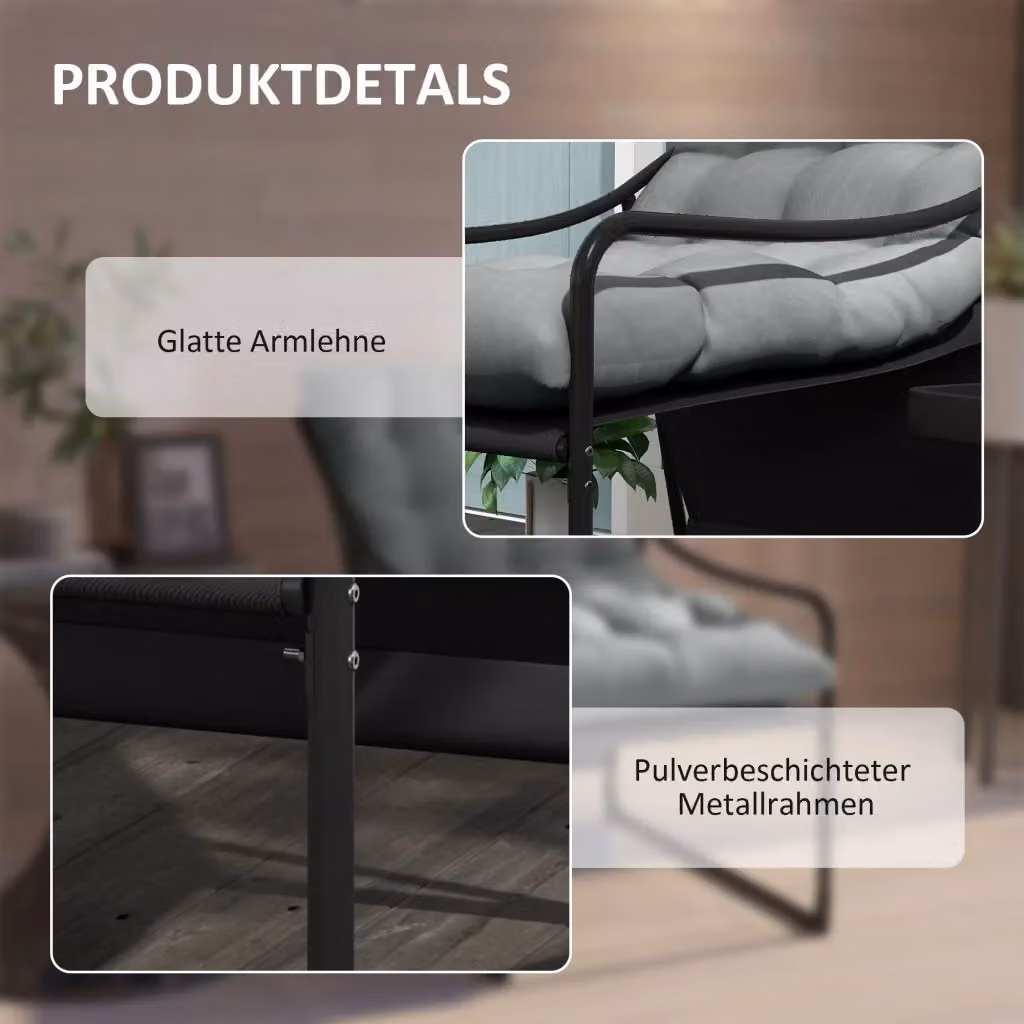 Poltrona da giardino OKWISH grigia con braccioli e cuscino imbottito in metallo laccato per terrazza e balcone – 2