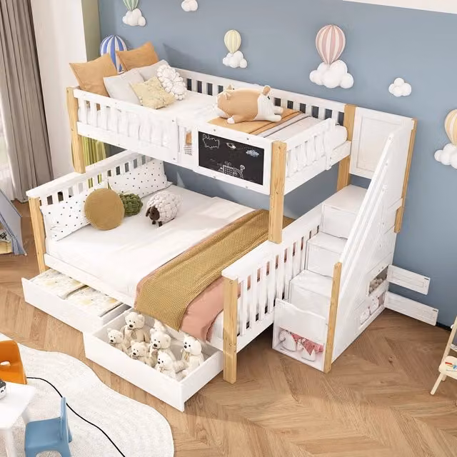 Letto a Castello Bambini con Cassetti e Lavagna ¨C Xylo ¨C Bianco/Rovere, 90x200+140x200