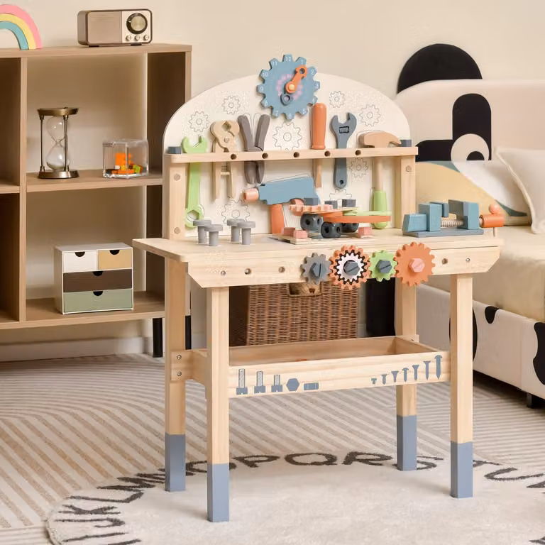 Costway Banco da lavoro per bambini in legno multicolore con attrezzi e accessori realistici