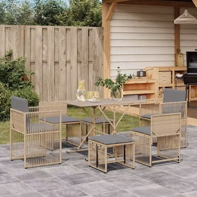 Set da Pranzo da Giardino 7 pz con Cuscini Beige in Polyrattan 369012