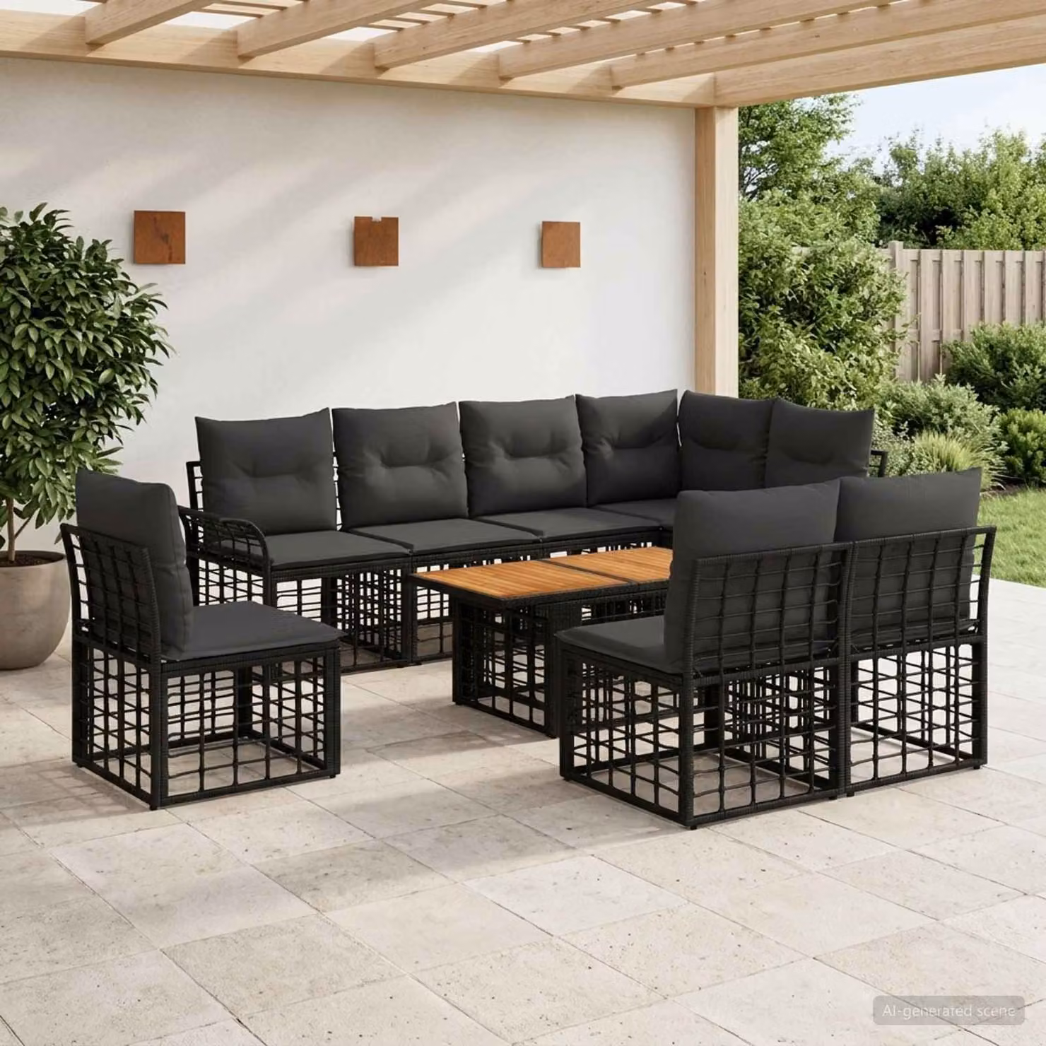 Set Divano da Giardino vidaXL 9 pz a Forma a L con Tavolino, Colore Nero e Grigio, Struttura in Metallo e Polyrattan con Cuscini Inclusi