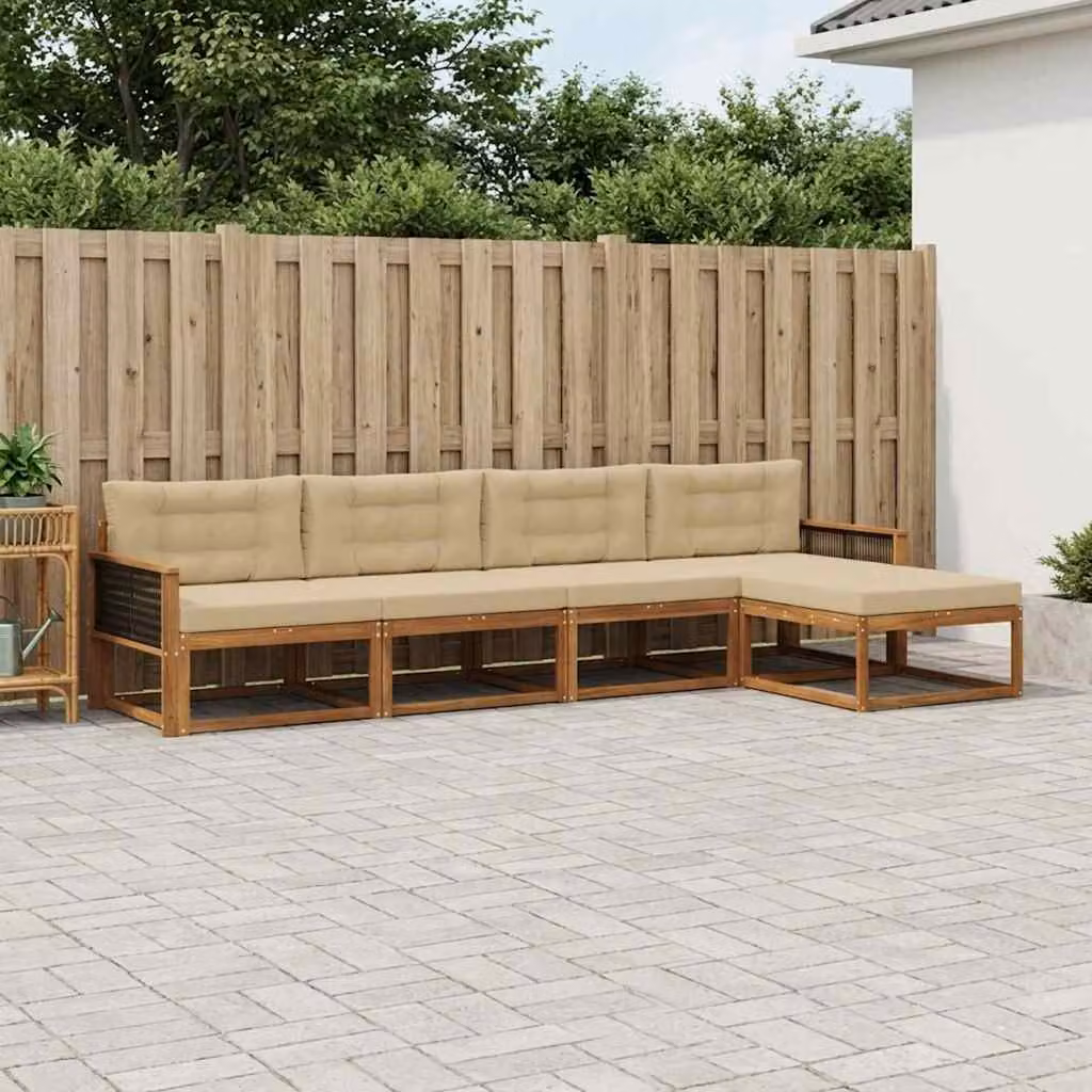 vidaXL Set di divani da esterno a L in legno di acacia con cuscini, Beige e Marrone