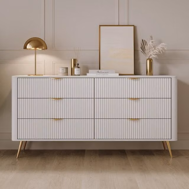 Madia Hali DMORA con 6 cassetti, design moderno, colore bianco e oro, L: 163 cm, P: 38 cm, H: 81 cm – 1