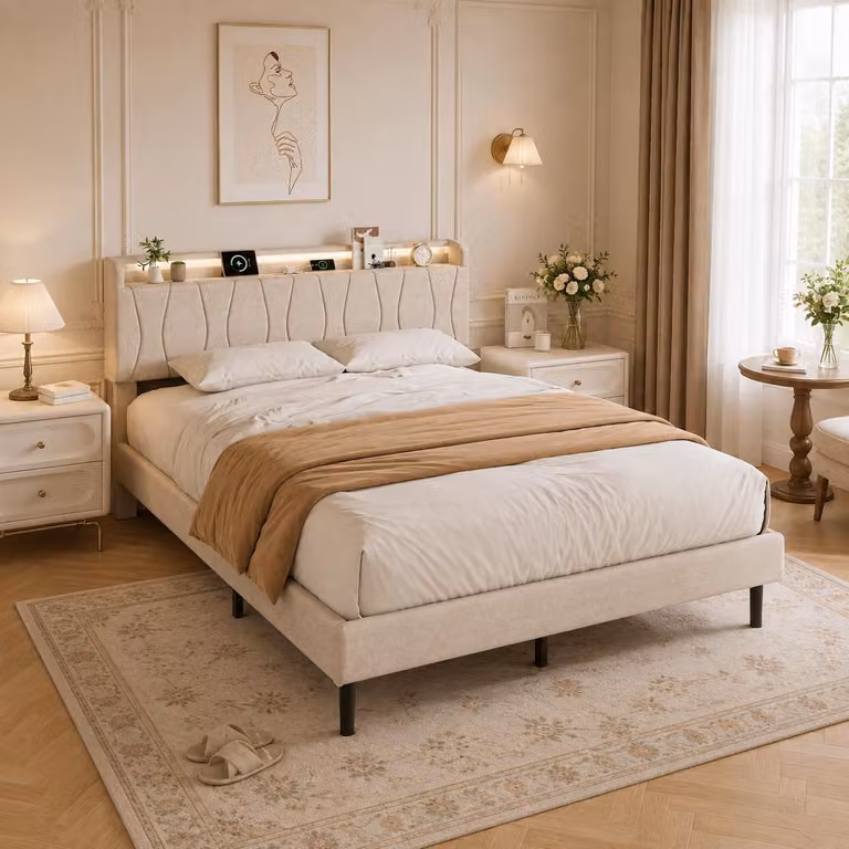 Letto imbottito INONEFT, 140x200 cm, con illuminazione LED, prese USB di tipo C e prese USB, letti singoli con spazio contenitivo nella testiera, letto per ragazzi con rete a doghe, color beige