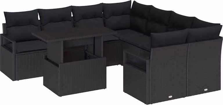 Set Divano da Giardino con cuscino 9 pcs Nero Poly Rattan