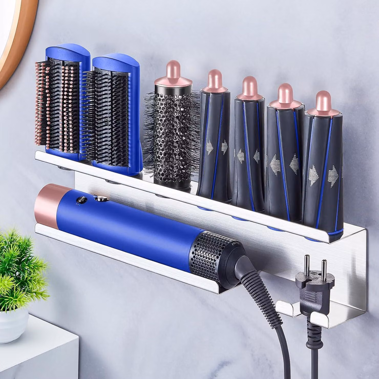 Supporto per asciugacapelli senza foratura - organizzatore versatile - argento - acciaio inox