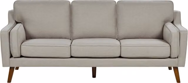 Divano moderno a 3 posti imbottito in tessuto beige e gambe in legno stile classico e moderno