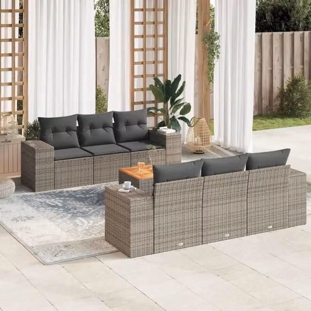 Set di divani da giardino VIDAXL in polyrattan grigio con 7 pezzi e cuscini inclusi