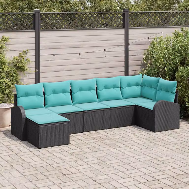 Set di divani da giardino vidaXL in polyrattan 7 pezzi, Nero e Turchese