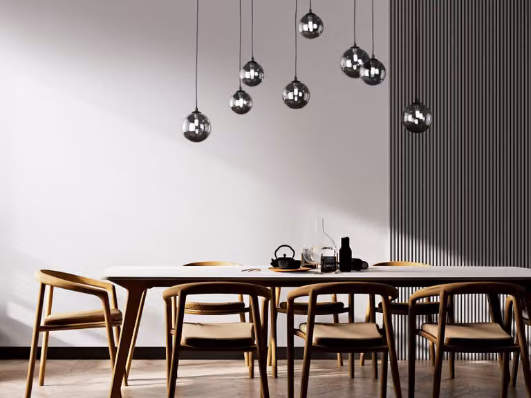 Lampada a sospensione LED design multi-fiamma nero con 8 globi in vetro fumé, lunghezza 115 cm
