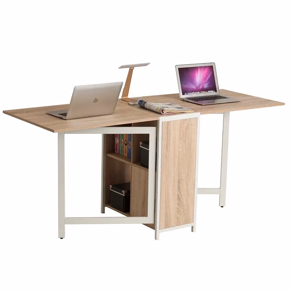 Scrivania a scomparsa con libreria Bakaji, modello moderno estensibile e richiudibile in legno e metallo, Bianco e Marrone, L: 169,5 cm, H: 75 cm, P: 62,5 cm – 2