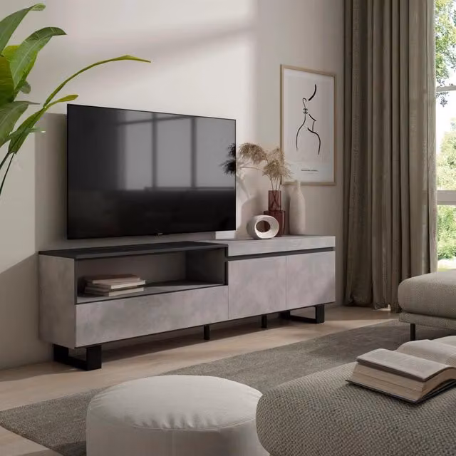 Mobile TV, 200x35x57cm, soggiorno, Per TV fino a 80", Design industriale, grigio cemento RF2215