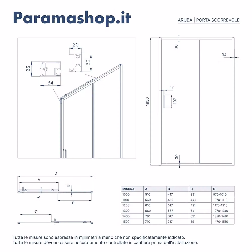Porta doccia Parama Aruba a nicchia con apertura scorrevole, vetro opaco da 6 mm, larghezza: 110 cm – 2