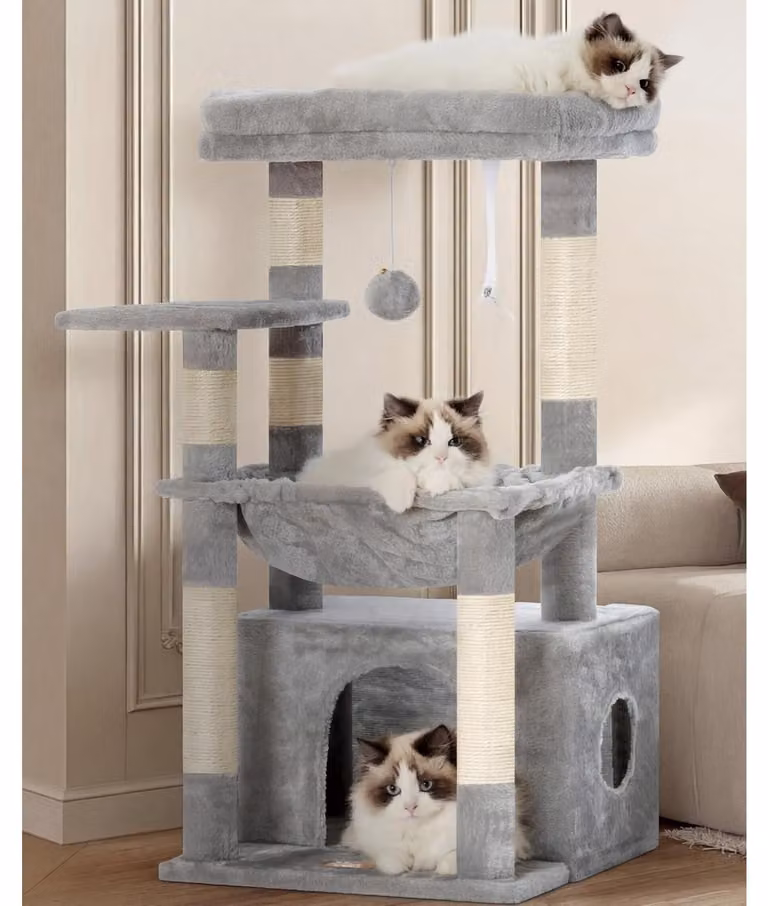 Albero per gatti tiragraffi con 6 tiragraffi - Grigio chiaro - Con cuccia extra grande e piattaforma di riposo 40 x 30 cm