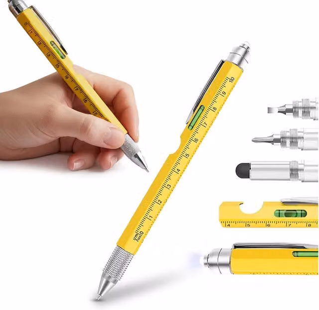 Penna Multifunzione 8 in 1 Daimann Gialla in Acciaio e Plastica con Clip, Stilo Touch, Livella e Luce LED