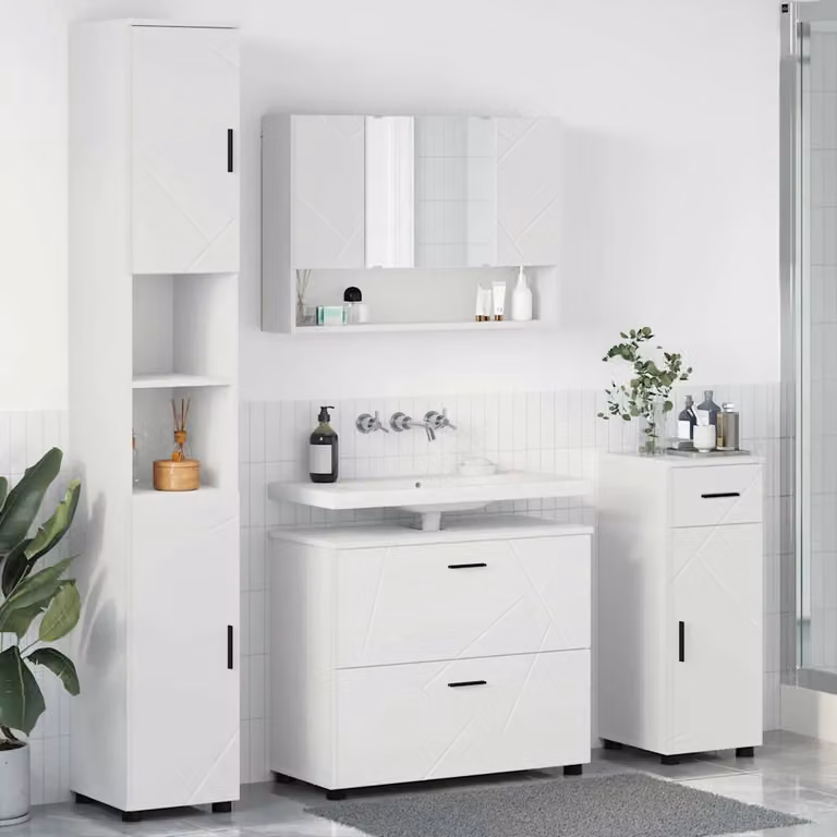 Set di mobili per il bagno vidaXL 4 pezzi Bianco con mobile lavabo, armadietto con specchio, mobile laterale e colonna alta