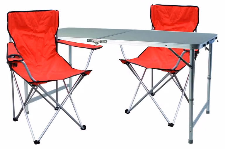 Set da campeggio composto da 3 elementi, colore rosso: 2 sedie con custodia e 1 tavolo di dimensioni extra large