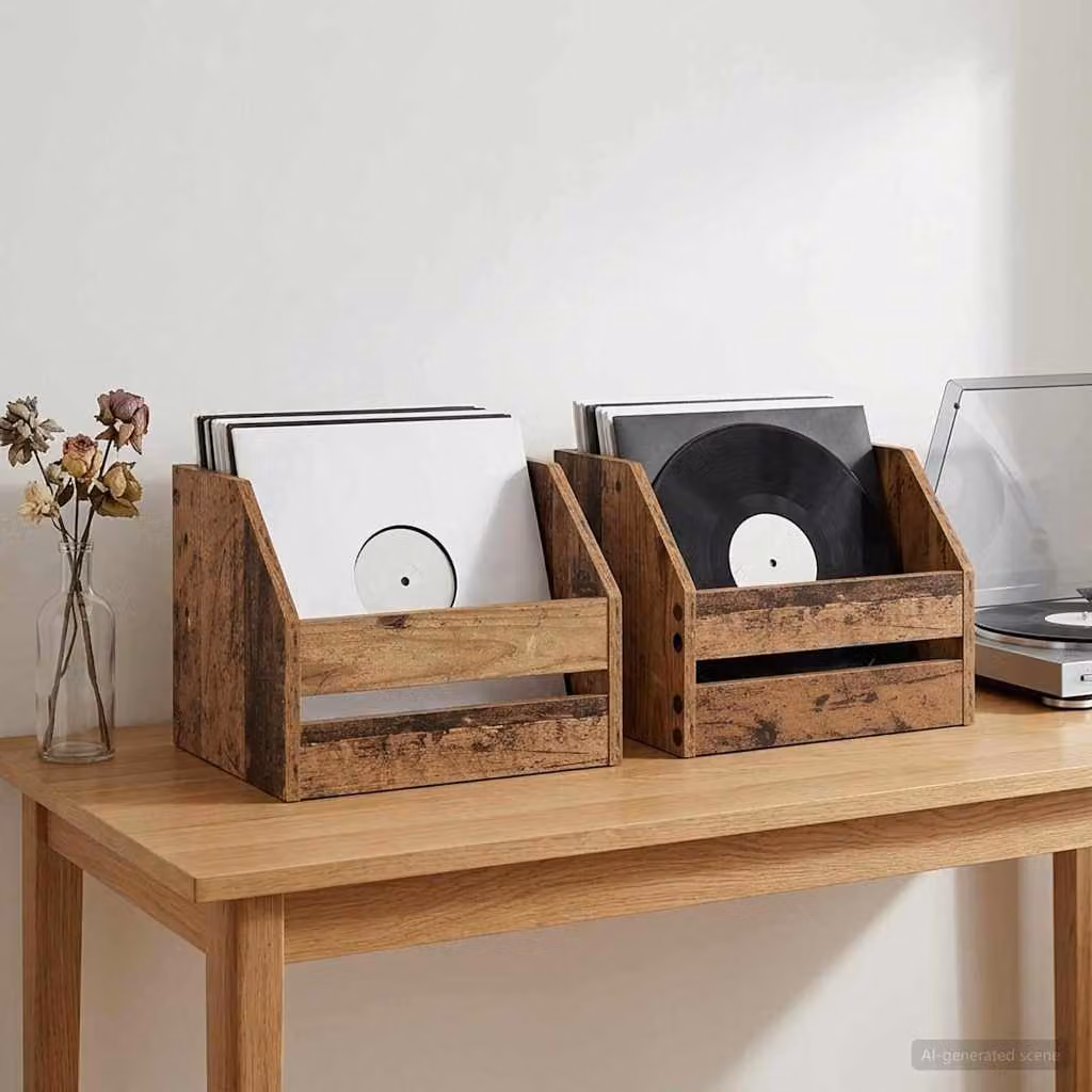Set di 2 scatole per album in vinile vidaXL in legno antico, colore marrone, L: 38 cm, P: 30 cm, H: 29 cm