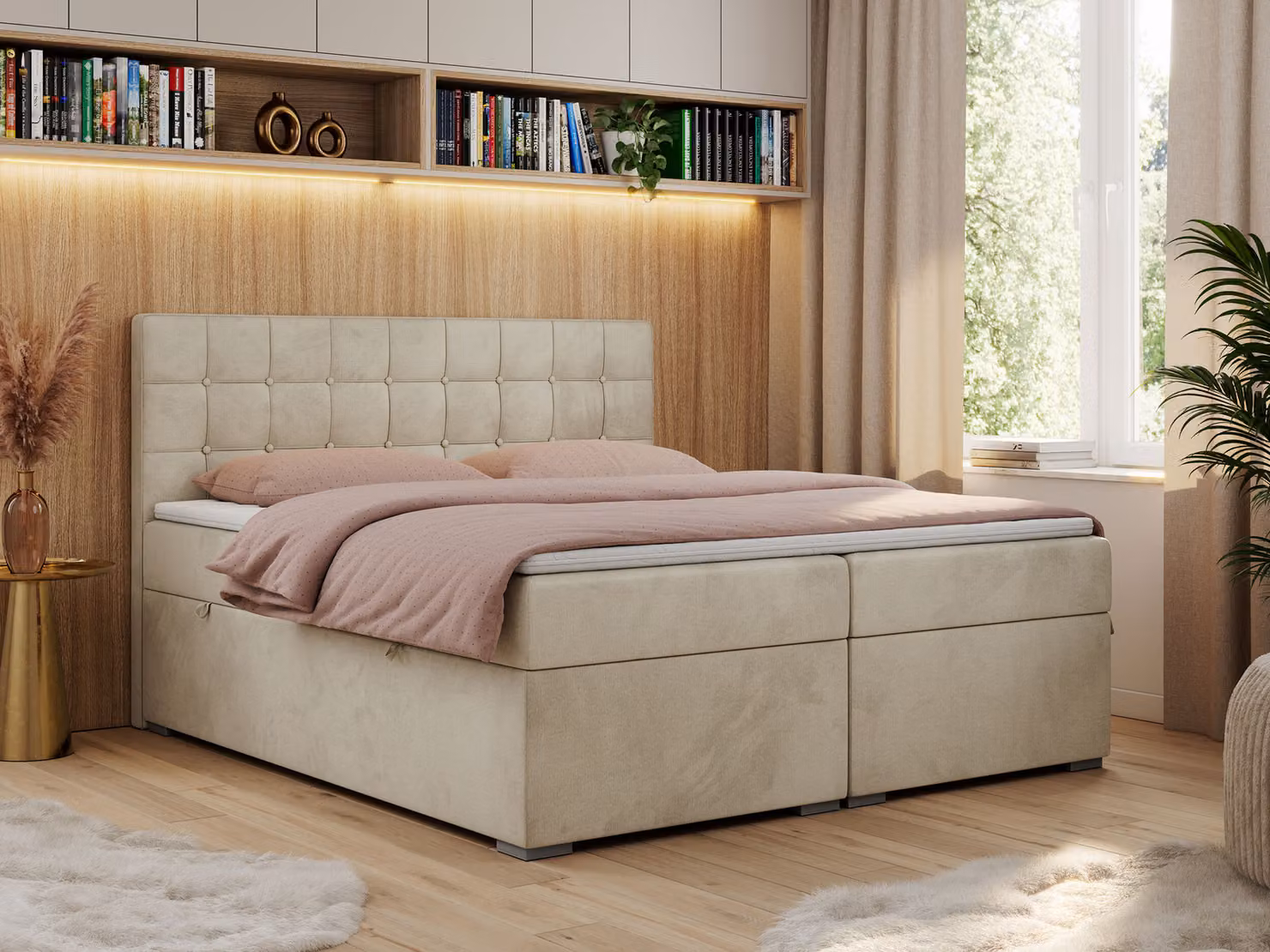 Letto boxspring, letto matrimoniale, letto imbottito con testiera, contenitore - CARMEN - 160x200 - Beige - Velvet - H4