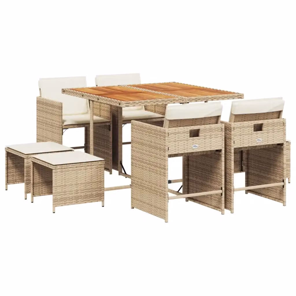 Set da pranzo da giardino vidaXL in polyrattan e legno di acacia con 9 pezzi e cuscini beige – 2