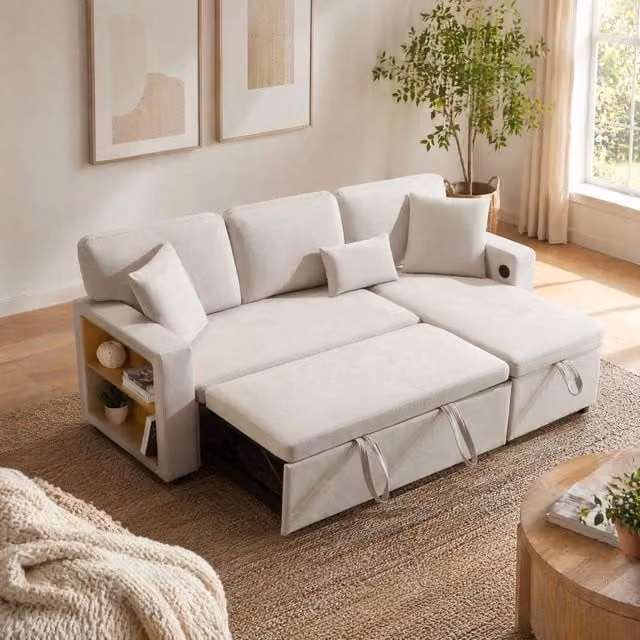Divano angolare letto ULEVR 214x131x87 cm beige, con USB, contenitore e chaise longue reversibile