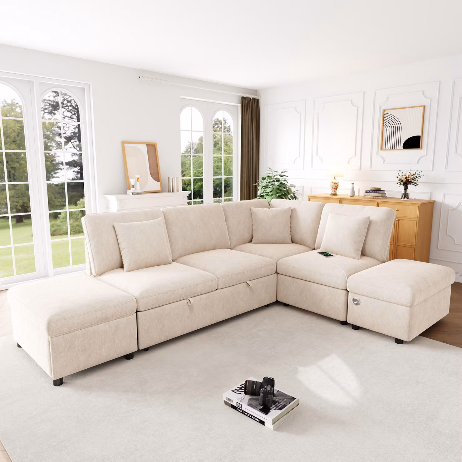 Divano modulare okwish con letto estraibile e poggiapiedi contenitore, divano angolare con prese USB e Type-C, divano classico con 3 cuscini, color beige