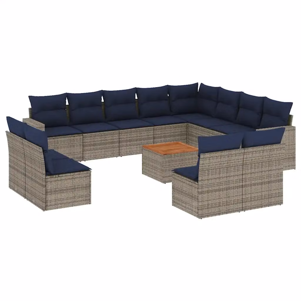vidaXL Set Divani da Giardino 13 pz in Polyrattan con Cuscini Grigio e Blu a Forma di U – 2