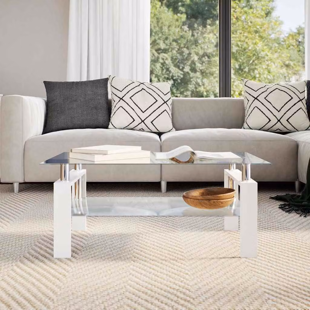 vidaXL Tavolino moderno rettangolare in vetro temperato bianco e trasparente L: 95 cm, P: 55 cm, H: 40 cm – 1