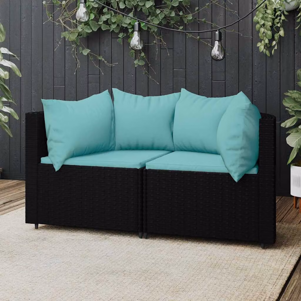 Set di 2 Divani Angolari da Giardino vidaXL in Polyrattan Nero con Cuscini Blu