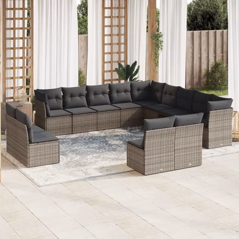 vidaXL Set di Divani da Giardino 13 pz a Forma di U in Polyrattan Grigio con Cuscini e Coperture Rimovibili