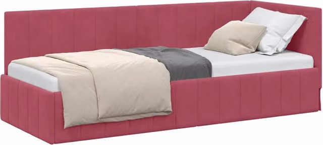 Letto singolo moderno in velluto rosso con struttura in legno per adulti L: 200 cm, P: 80 cm, H: 140 cm – 1