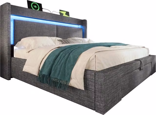 Letto Matrimoniale 180x200 cm Imbottito in Lino Grigio con Contenitore Idraulico; Testiera Portaoggetti; LED e Prese USB/USB-C