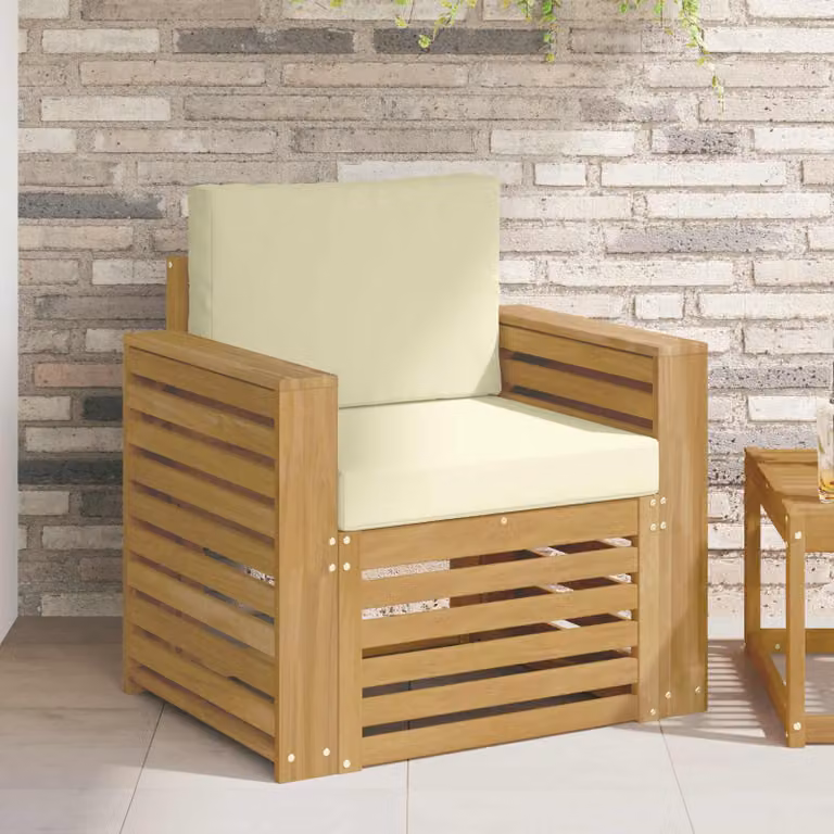 Set di divani da esterno vidaXL in legno di acacia con cuscini in poliestere bianco e beige