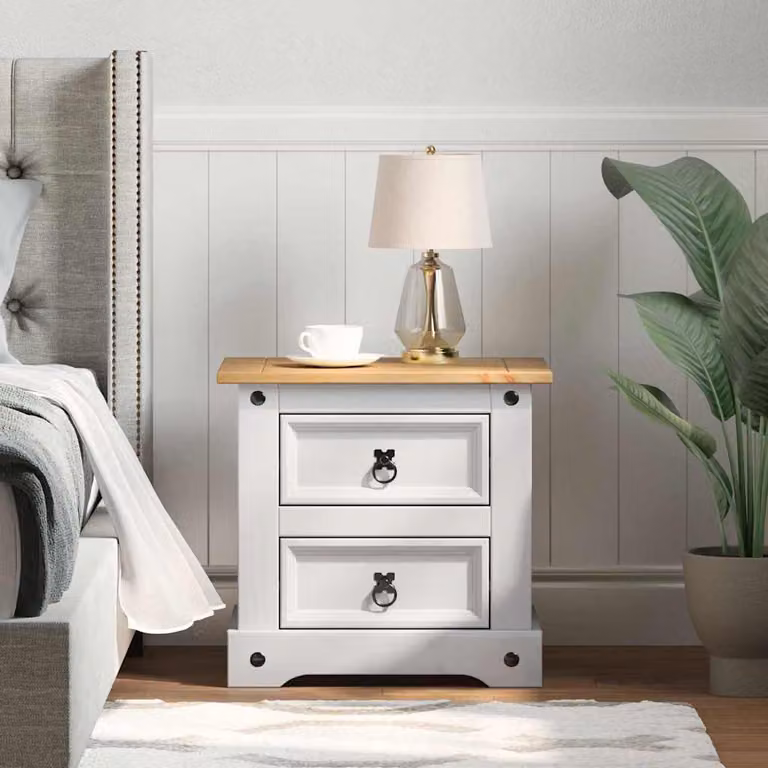 Comodino Corona vidaXL in pino massello bianco moderno L: 53 cm, P: 39 cm, H: 47 cm