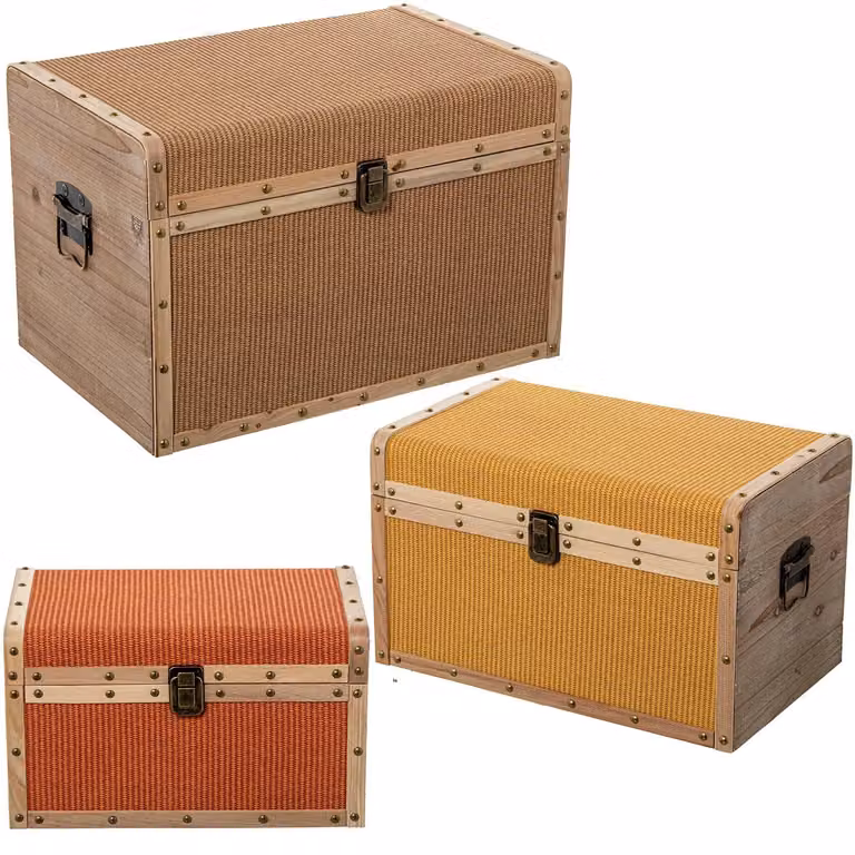 Set di 3 contenitori in legno e ecopelle, dimensioni 30x30x46 cm, colore naturale/giallo/arancione