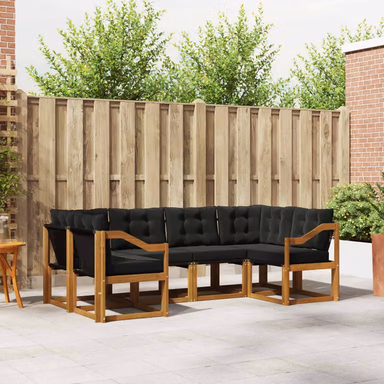 Set di divani da esterno vidaXL 6 pz a forma di L in legno di acacia con cuscini in textilene marrone e nero