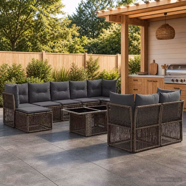 Set Divano da Giardino vidaXL 10 Pezzi a Forma di U in Polyrattan Grigio con Tavolino, Pouf e Cuscini Imbottiti
