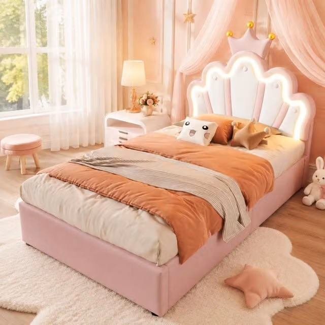 Letto imbottito MODFU con contenitore idraulico, testiera regolabile e illuminazione LED, rivestimento in ecopelle rosa, L 90 cm x P 200 cm