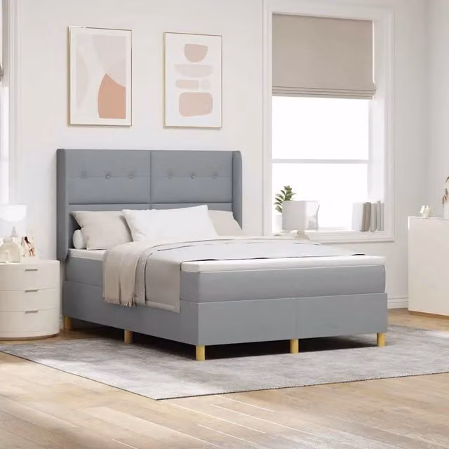 Letto a molle con testiera vidaXL in tessuto grigio e dettagli oro, L 140 x P 190 cm – 1