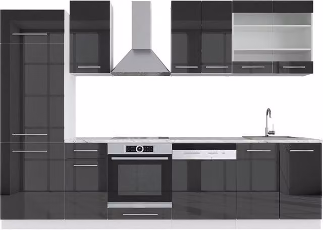 Cucina componibile moderna Fame-Line Vicco in antracite lucido e bianco, larghezza: 300 cm