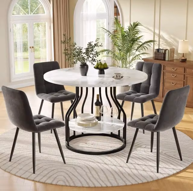 Set tavolo rotondo 80 cm con 4 sedie in velluto grigio e metallo