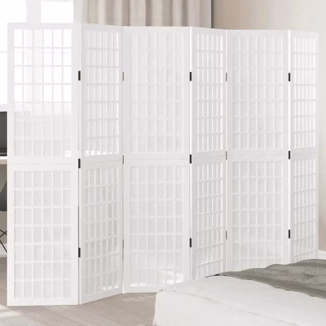 Divisorio Ambienti Paravento a 6 Pannelli in Legno Massello di Paulownia Bianco con Design Geometrico H 215 cm x L 160 cm
