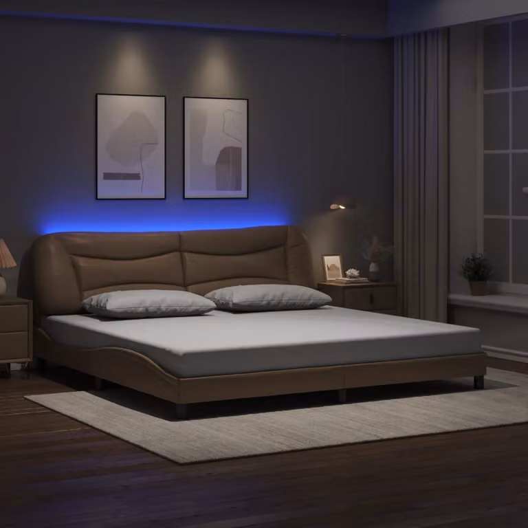 vidaXL Giroletto Hvar con LED e porta USB, Rivestimento in ecopelle Marrone, L/P: 200 x 200 cm