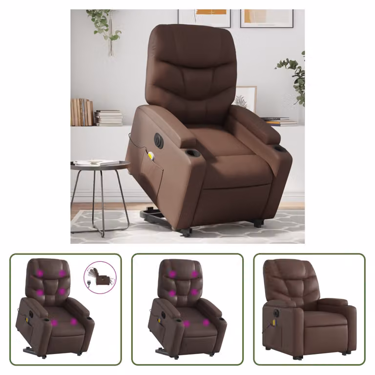 The Living Store Sedia massaggiante con supporto in piedi elettrica in ecopelle marrone