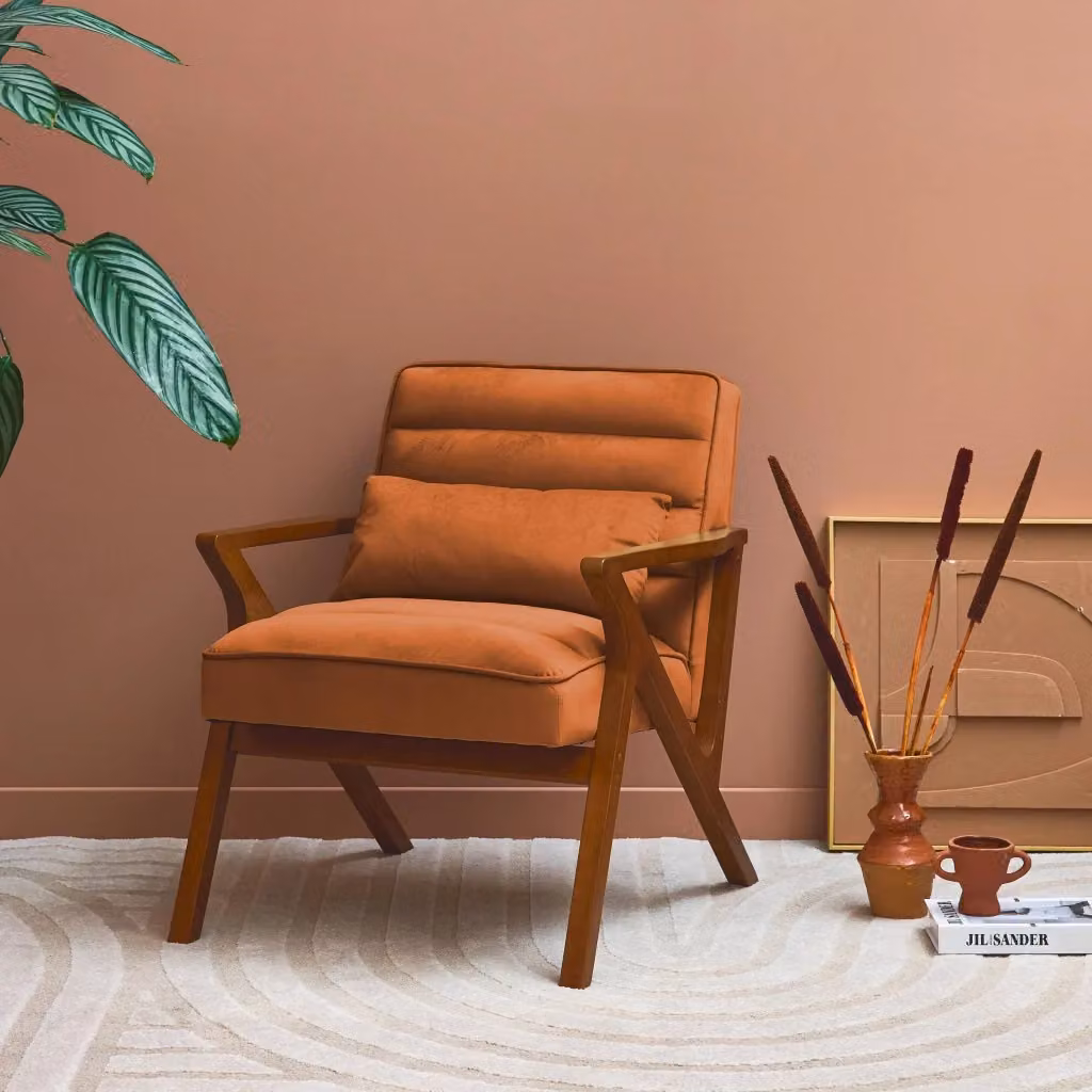 Poltrona scandinava Sweeek in velluto arancione con struttura in legno – 2