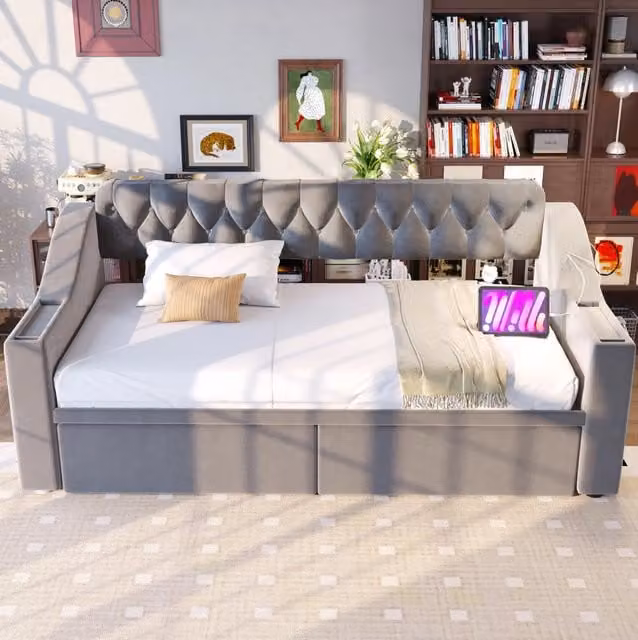 Divano letto imbottito ULEVR 90x190 cm in velluto grigio chiaro con cassetti, vani contenitore e porte USB
