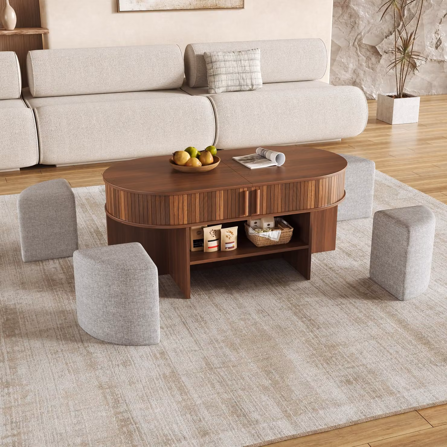 Set di tavolini da caffè Moonbite, forma ovale, 120 cm, con poggiapiedi imbottiti. Tavolino contenitore con 2 ante scorrevoli, finitura con righe verticali, realizzato in pannello MDF e truciolato, finitura noce