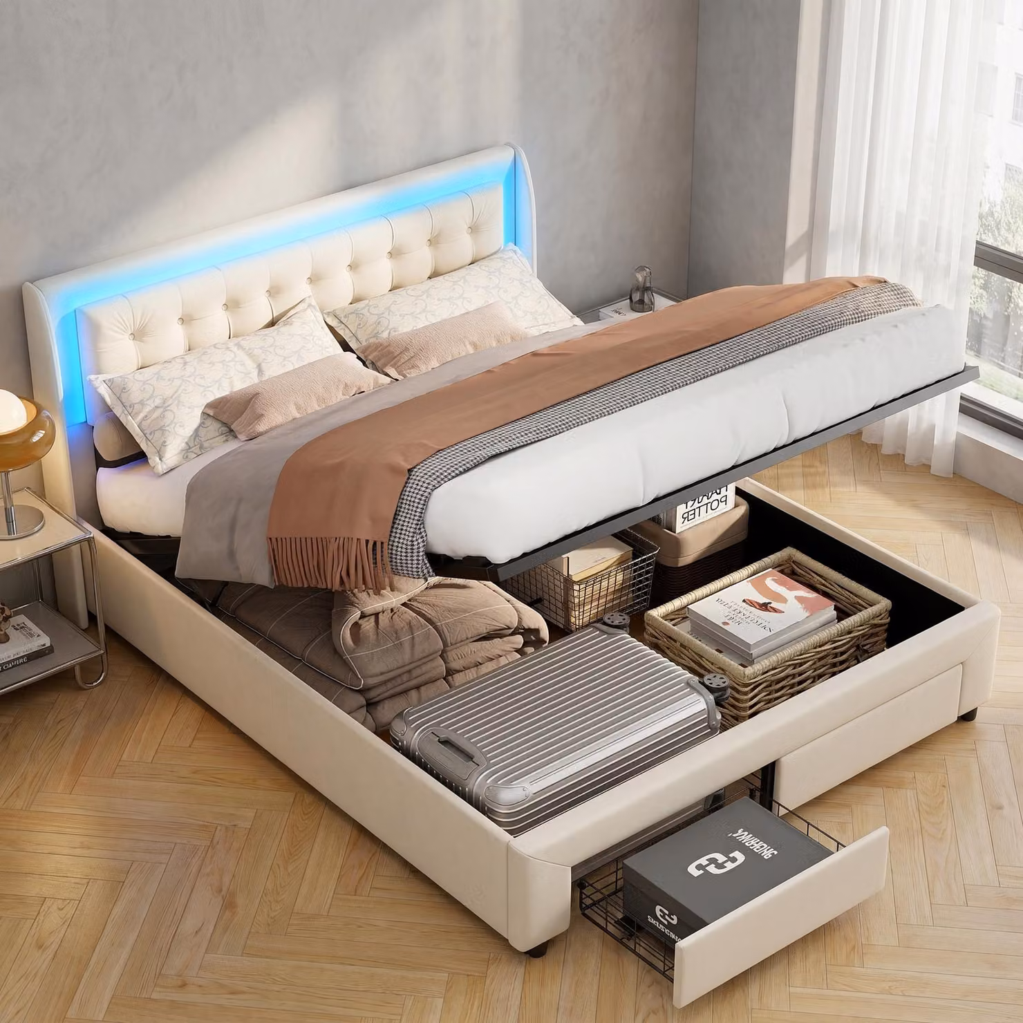 Letto idraulico con contenitore INONEFT 180x200 cm con 2 cassetti, letto matrimoniale imbottito con illuminazione a LED, velluto, beige