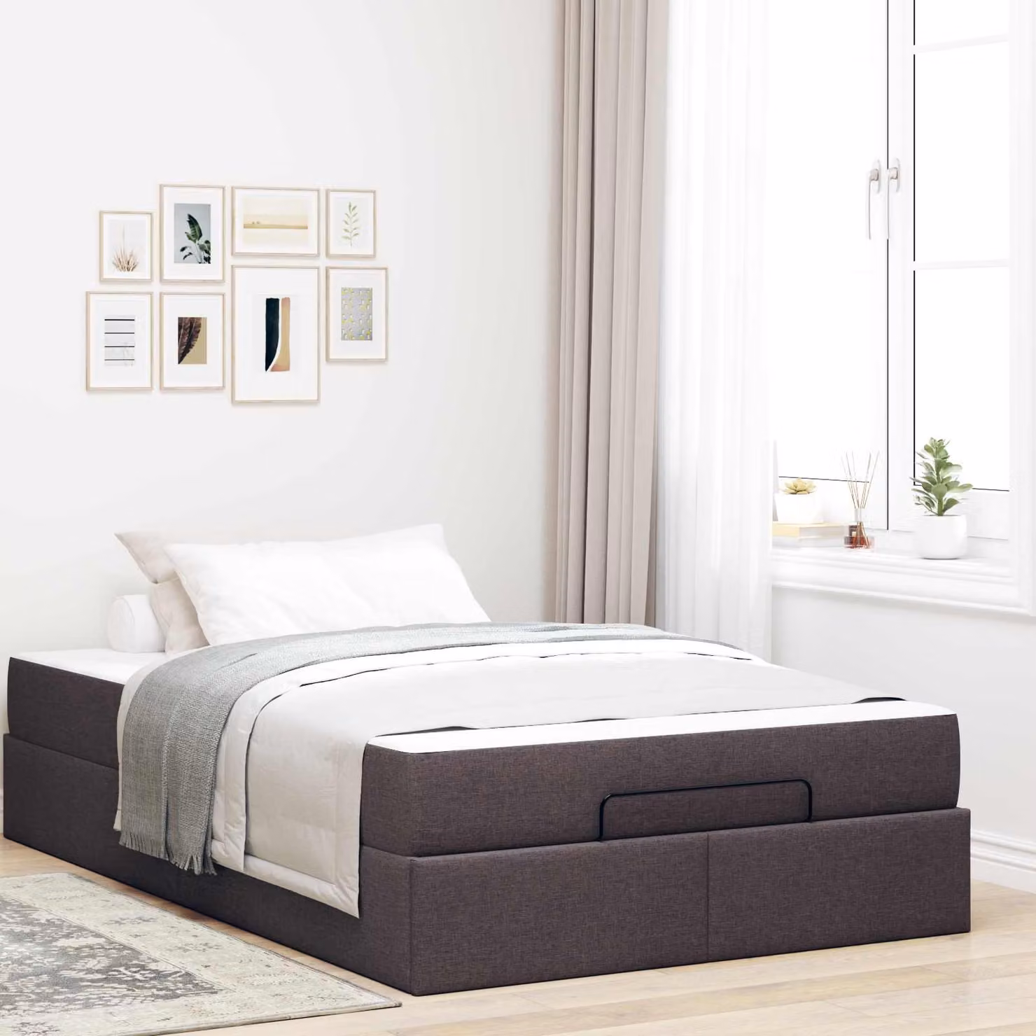 Set letto vidaXL con struttura imbottita in tessuto e materasso in schiuma, colore marrone e grigio, L/P/H: 200 x 120 x 43,5 cm