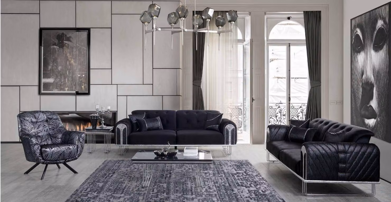 Schwarze Wohnzimmer Sofagarnitur 2x Dreisitzer Designer Polster Sessel
